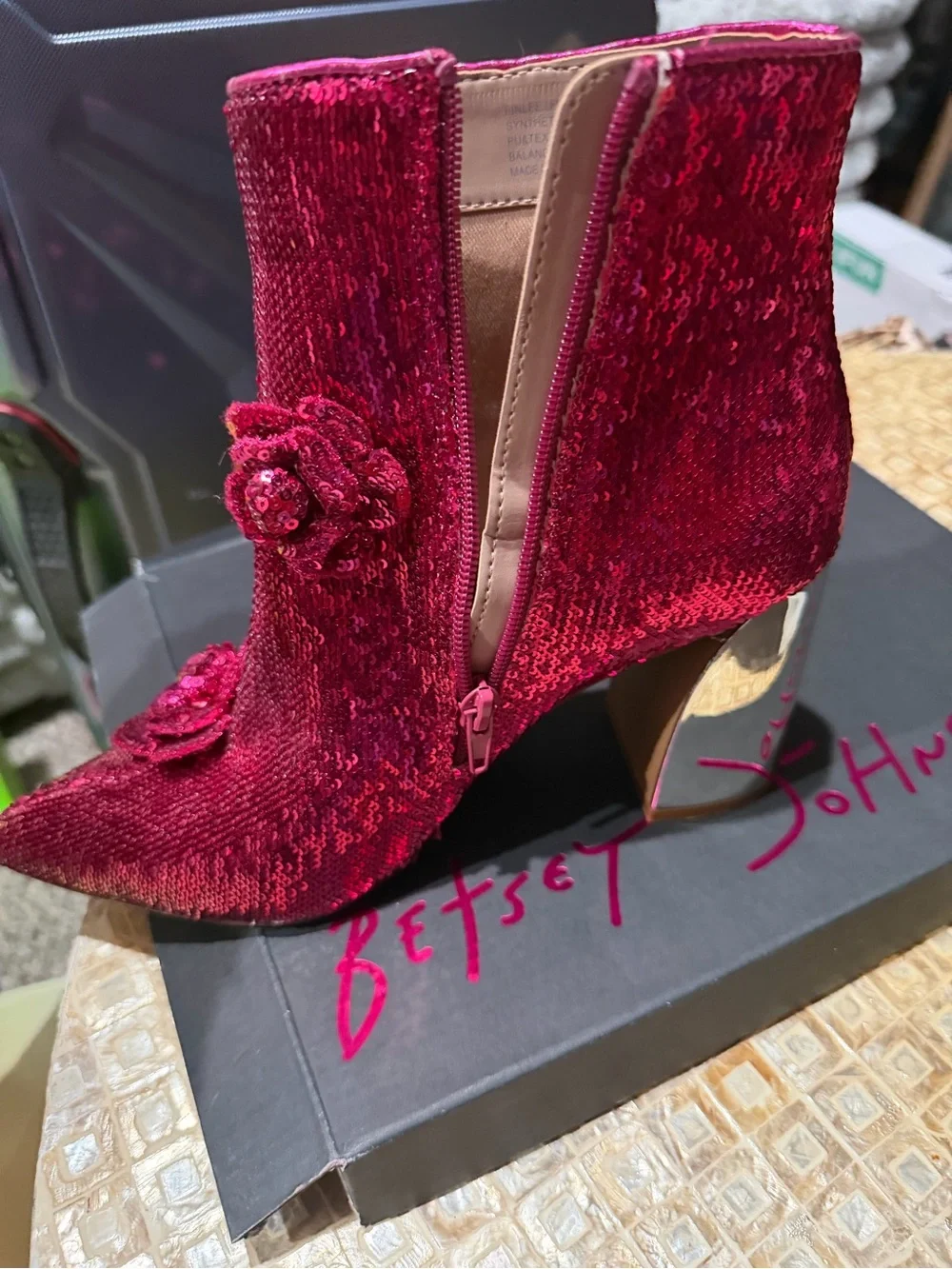 Betsey Johnson Deep Pink Velvet Sequin Floral Ankle Boots